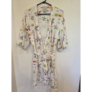 Kenji Comfort Fish Print Cotton Wrap Robe Women's Medium White Colorful Coastal